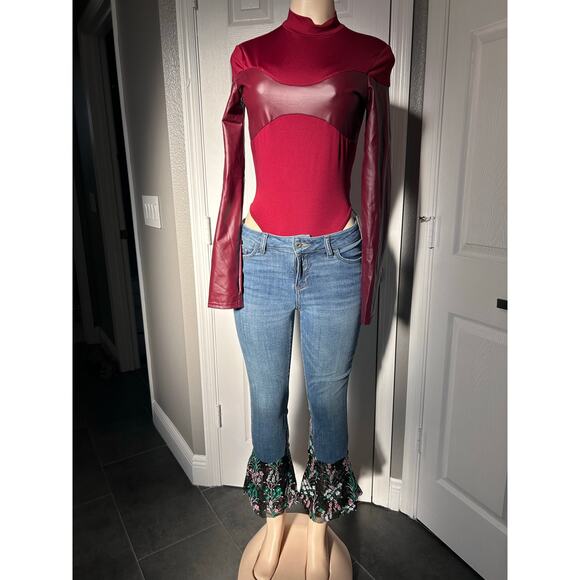MICAS Burgundy Mock Neck Bodysuit Faux Leather Panels Long Sleeve NWT Size - Picture 4 of 4